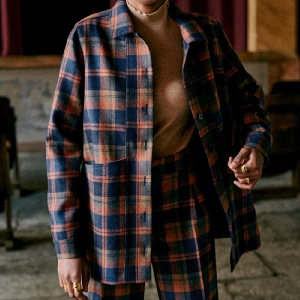 Sezane Plaid Jacket in Navy and Orange